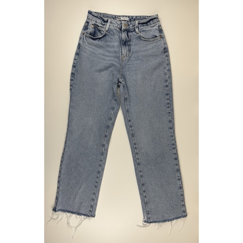 Zara Womens Straight Leg Baggy Jeans US 6 Raw Hem Light High Rise Ankle 6164